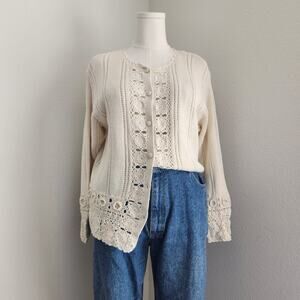 Vintage OBR Cream Crochet Knit Button Front Cardigan Long Sleeve Sweater M